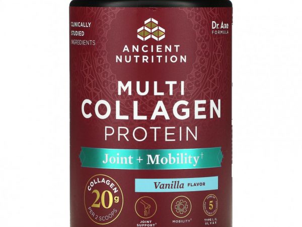 Dr. Axe / Ancient Nutrition, смесь коллагена разных типов и протеина, для здоровья и подвижности суставов, ваниль, 212 г (7,48 унции)