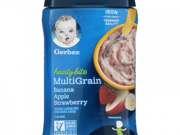 Gerber, Hearty Bits, мультизлаковая каша, для малышей от 12 месяцев, банан, яблоко и клубника, 227 г (8 унций)