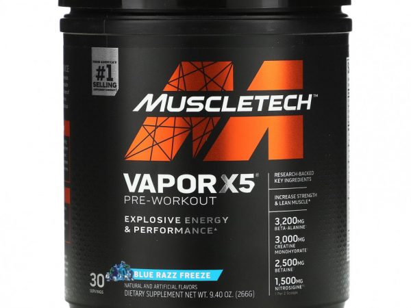 Muscletech, VaporX5, Next Gen, предтренировочный комплекс, со вкусом Blue Razz Freeze, 266 г (9,40 унции)