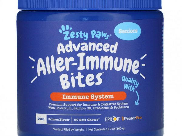 Zesty Paws, Advanced Aller-Immune Bites для собак, иммунная система, для пожилых людей, со вкусом лосося, 90 жевательных таблеток, 360 г (12,7 унции)