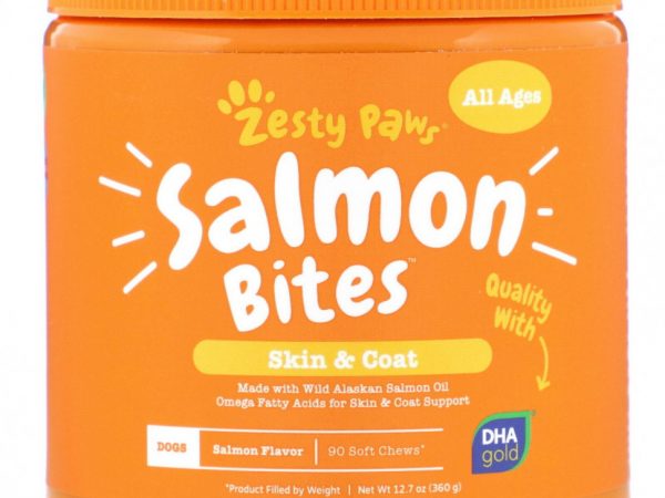Zesty Paws, Укусы лосося для собак, кожа и шерсть, для всех возрастов, со вкусом лосося, 90 жевательных таблеток