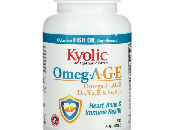 Kyolic, Omeg.AGE, омега-3 и старше, D3, K2, E и B6, 9, 12, Heart, Bone & Immune Health, 90 мягких таблеток