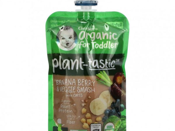 Gerber, Растительный вкус, органический продукт для малышей, банан, ягоды и овощи с овсом, от 12 месяцев, 99 г (3,5 унции)