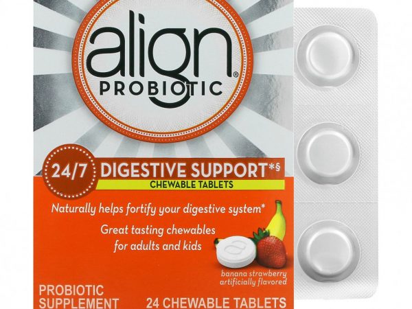 Align Probiotics, 24/7 для поддержки пищеварения, банан и клубника, 24 жевательные таблетки