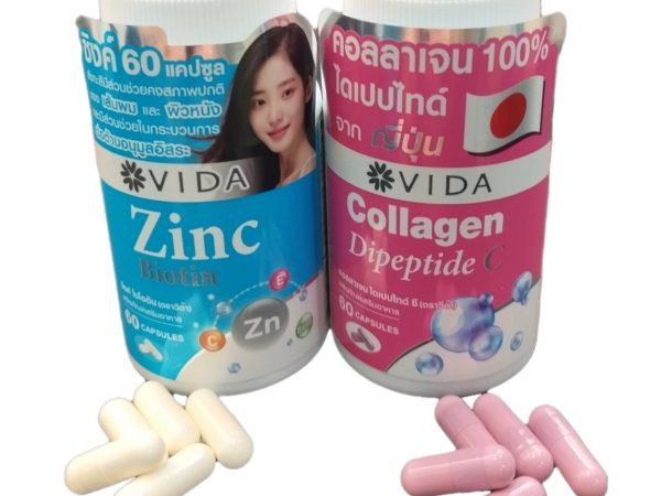 Комплекс для здоровья волос, кожи, ногтей и суставов Vida Collagen Dipeptide и Vida Zinc Biotin. Таиланд