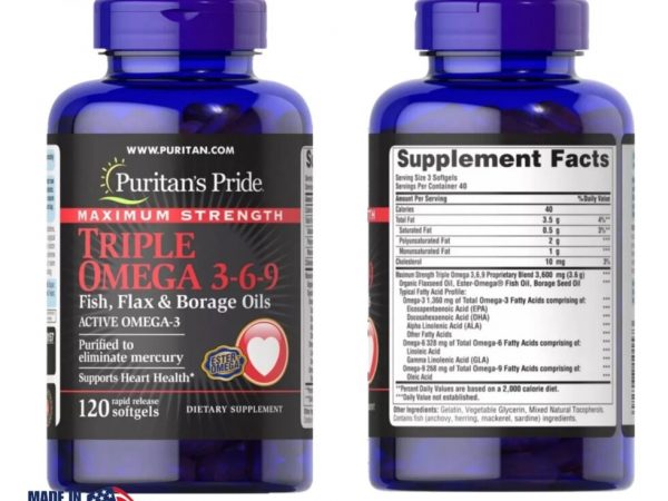Puritan's Pride Maximum Strength Triple Omega 3-6-9 Fish Flax and Borage Oils, 120 таблеток. США