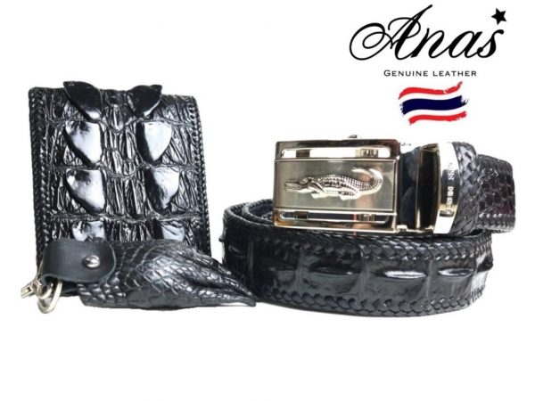 Ремень, Портмоне, Брелок (чёрный набор) из натуральной кожи крокодила Anas Genuine Crocodile Leather, Таиланд