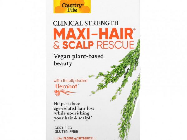 Country Life, Maxi-Hair & Scalp Rescue, клиническая сила, 30 веганских мягких таблеток