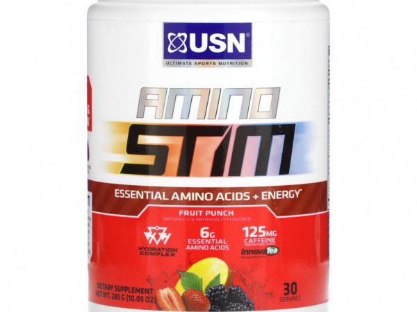USN, Amino Stim, незаменимые аминокислоты и энергия, фруктовый пунш, 285 г (10,05 унции)