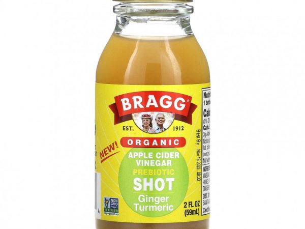 Bragg, Органический яблочный уксус, пребиотик, шот, имбирь и куркума, 59 мл (2 жидк. Унции)