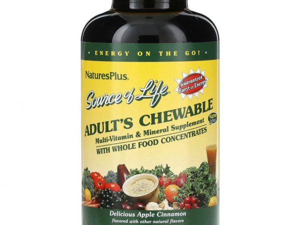 NaturesPlus, Source of Life, жевательная мультивитаминная и минеральная добавка для взрослых, вкусное яблоко и корица, 90 вафель