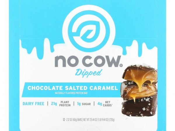 No Cow, Dipped Protein Bar, Chocolate Salted Caramel, 12 Bars, 2.12 oz (60 g) Each