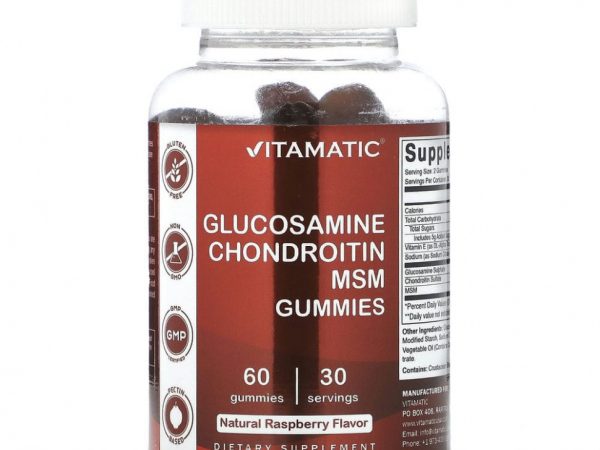 Vitamatic, Глюкозамин, хондроитин и МСМ, жевательные таблетки с натуральной малиной, 60 жевательных таблеток