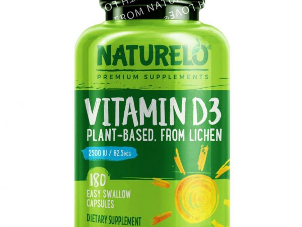 NATURELO, Витамин D3, растительного происхождения из лишайника, 62,5 мкг (2500 МЕ), 180 капсул для легкого проглатывания