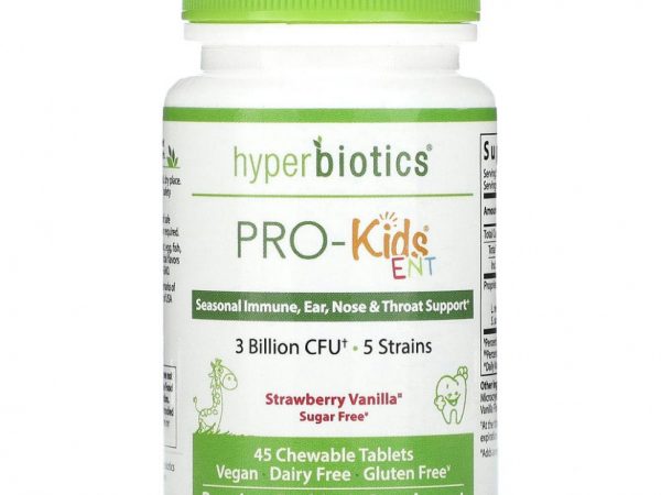 Hyperbiotics, PRO-Kids ENT, пробиотики для детей, без сахара, с клубничным и ванильным вкусом, 45 запатентованных жевательных таблеток LiveBac