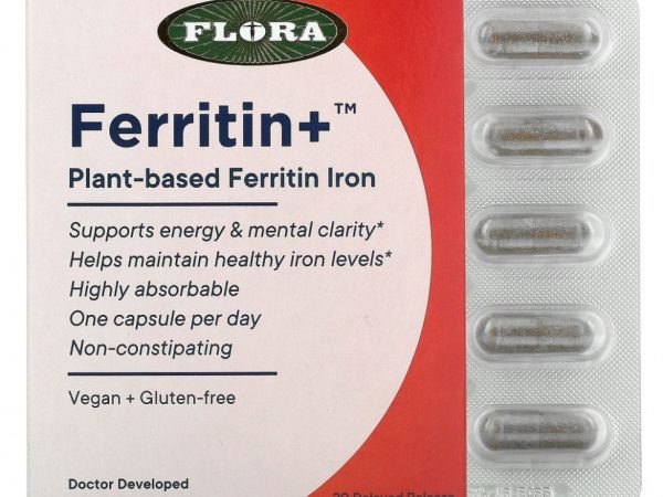 Flora, Ferritin+, ферритин (железо) на растительной основе, 30 веганских капсул с отсроченным высвобождением