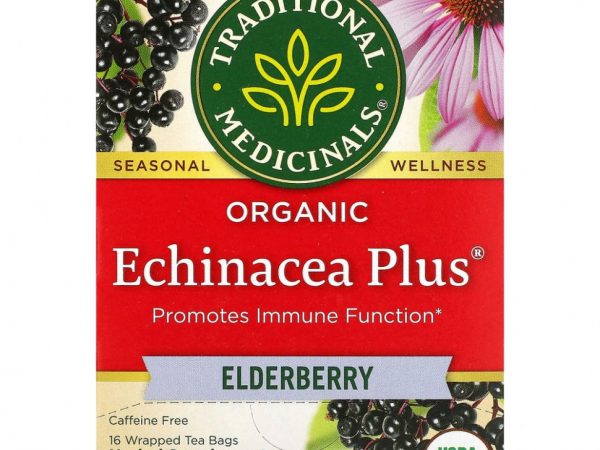 Traditional Medicinals, Organic Echinacea Plus, бузина, без кофеина, 16 чайных пакетиков в упаковке, 24 г (0,85 унции)