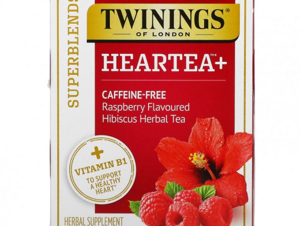 Twinings, Superblends, Heartea с витамином B1, малина, травяной чай из гибискуса, без кофеина, 16 чайных пакетиков, 32 г (1,12 унции)