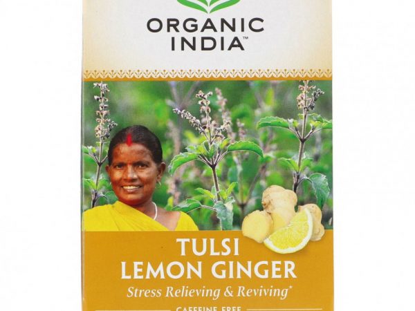 Organic India, чай с тулси, лимоном и имбирем, без кофеина, 18 пакетиков, 36 г (1,27 унции)