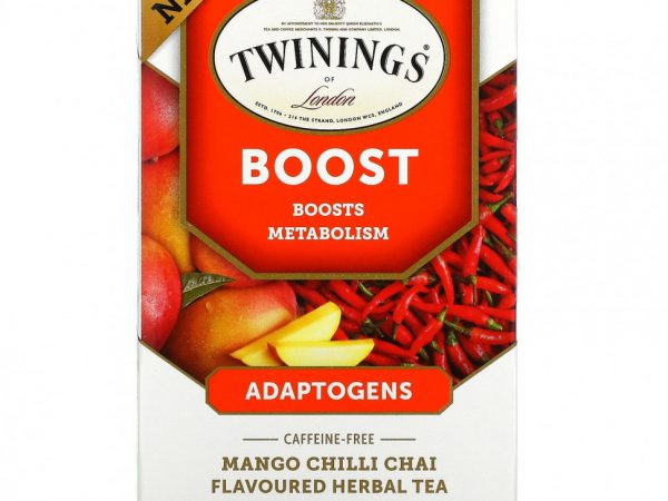 Twinings, Boost, адаптогены, травяной чай со вкусом манго и чили, без кофеина, 18 чайных пакетиков, 27 г (0,95 унции)