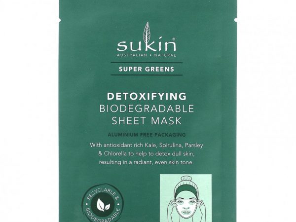 Sukin, Super Greens, детоксифицирующая биоразлагаемая тканевая маска, 1 шт., 25 мл (0,85 жидк. Унции)