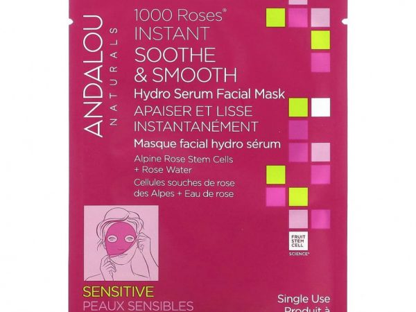 Andalou Naturals, Instant Soothe & Smooth, увлажняющая косметическая маска для лица, 1000 роз, 1 тканевая маска, 18 мл (0,6 жидк. Унции)