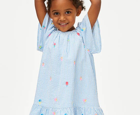 MARKS & SPENCER KIDS Girl Toddler Dress Pure Cotton Striped Printed Blue Mix