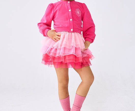 MARDI MERCREDI LES PETITS Terry Cardigan Puff Sleeve Peony Pink