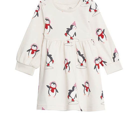 MARKS & SPENCER KIDS Girl Toddler Dress Cotton Rich Penguin Cream