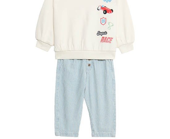 MARKS & SPENCER KIDS Boy Toddler Outfit Cotton Rich Striped Top & Bottom Cream Mix