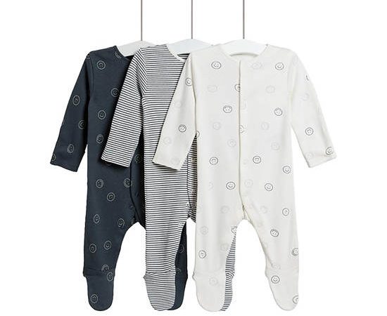 MARKS & SPENCER KIDS Unisex Toddler Sleepsuits Pure Cotton 3 Pack Dark Pewte