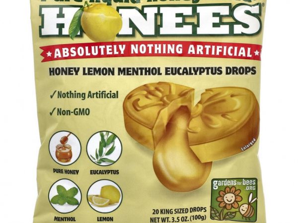 Honees, леденцы от кашля, мед и лимон, 20 крупных леденцов